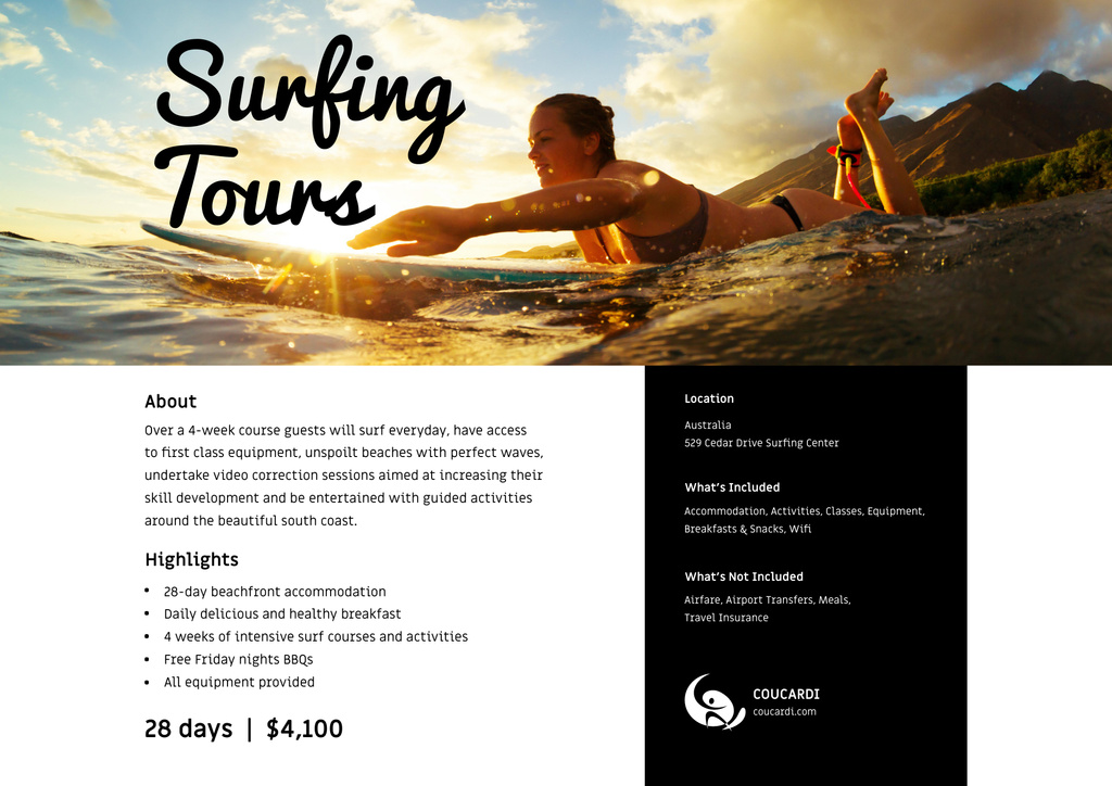 Ad of Surfing Tours Offer with Woman on Surfboard on Sunset Poster B2 Horizontal Modelo de Design