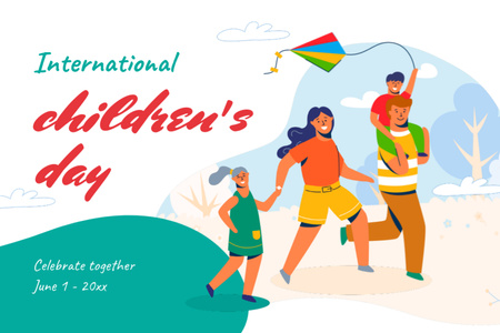 Children's Day Greeting With Cute Family Having Fun Postcard 4x6in Design Template