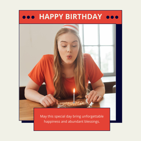 Layout de saudação de aniversário com garota soprando vela LinkedIn post Modelo de Design