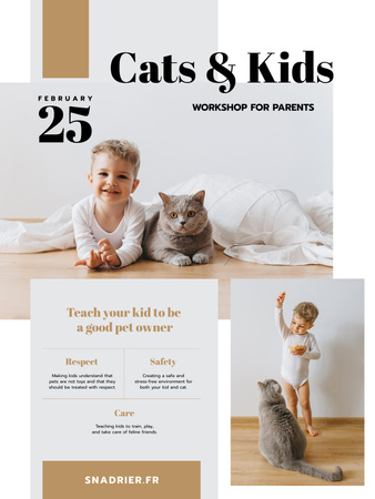 Plantilla de diseño de Workshop Announcement with Child Playing with Cat Poster US 
