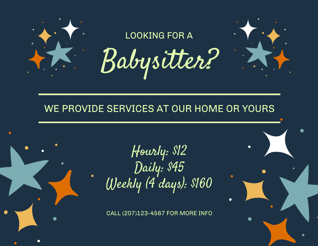 Babysitting Services Ad with Stars Flyer 8.5x11in Horizontal Design Template
