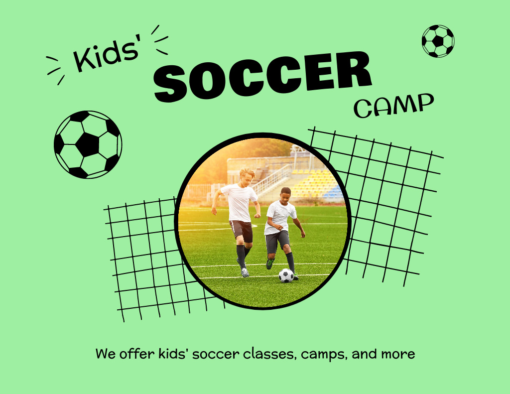 Plantilla de diseño de Soccer Camp Announcement with Boys on Green Flyer 8.5x11in Horizontal 