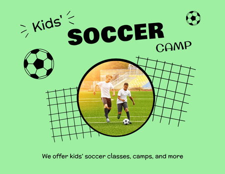 Soccer Camp Announcement with Boys on Green Flyer 8.5x11in Horizontal Design Template