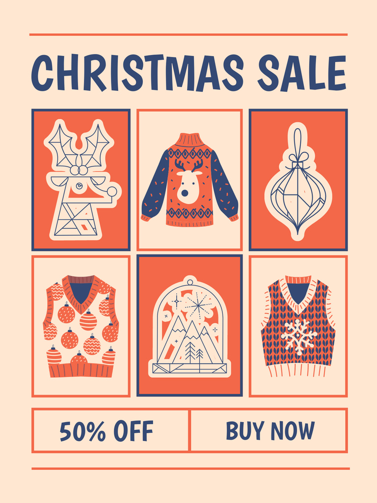 Christmas Sale Offer with Illustrated Knitwear Poster US Design Template