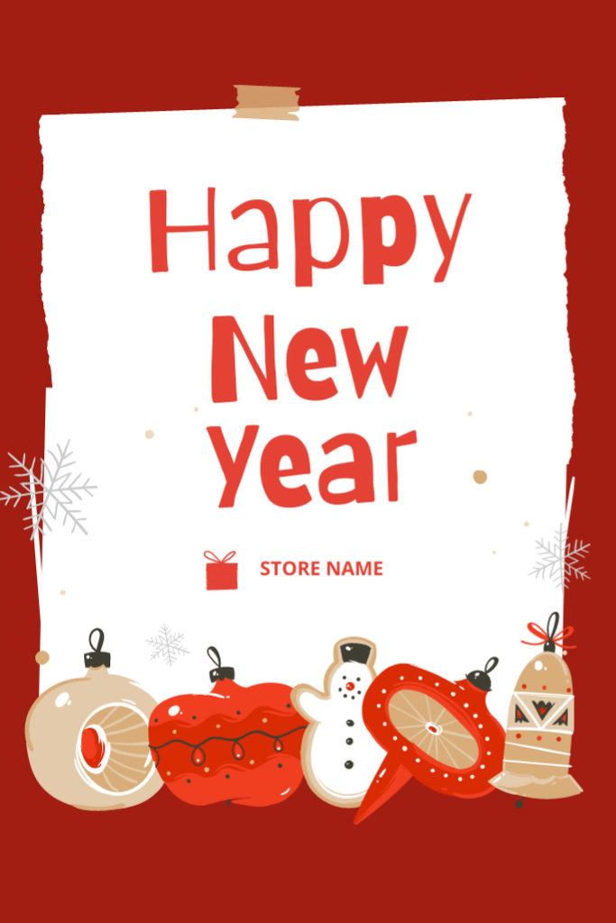 New Year Holiday Greeting with Cute Decorations in Red Postcard 4x6in Vertical Šablona návrhu