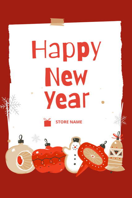 New Year Holiday Greeting with Cute Decorations in Red Postcard 4x6in Verticalデザインテンプレート