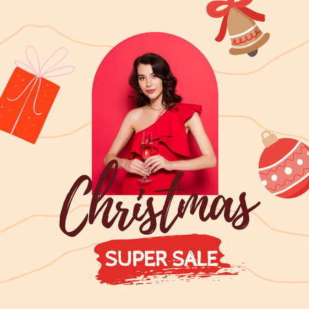Christmas Super Sale with Attractive Brunette Instagram Design Template