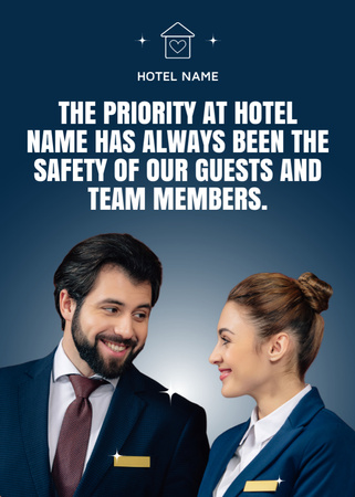 Designvorlage Hotel Mission Description with Young Man and Woman in Uniform für Flayer