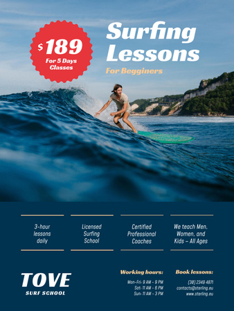 Surfing Guide with Woman on Board in Blue Poster US Design Template