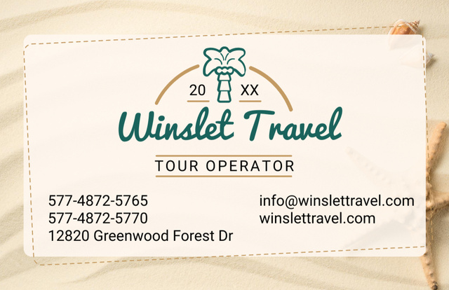 Travel Agency Ad with Shells on Sand Business Card 85x55mm Design Template