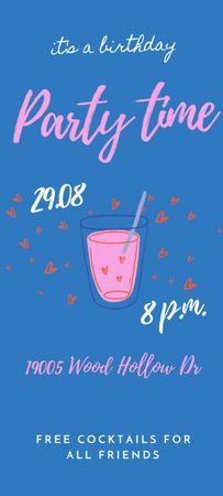 Party Announcement with Cute Cocktail Illustration Invitation 9.5x21cm Design Template