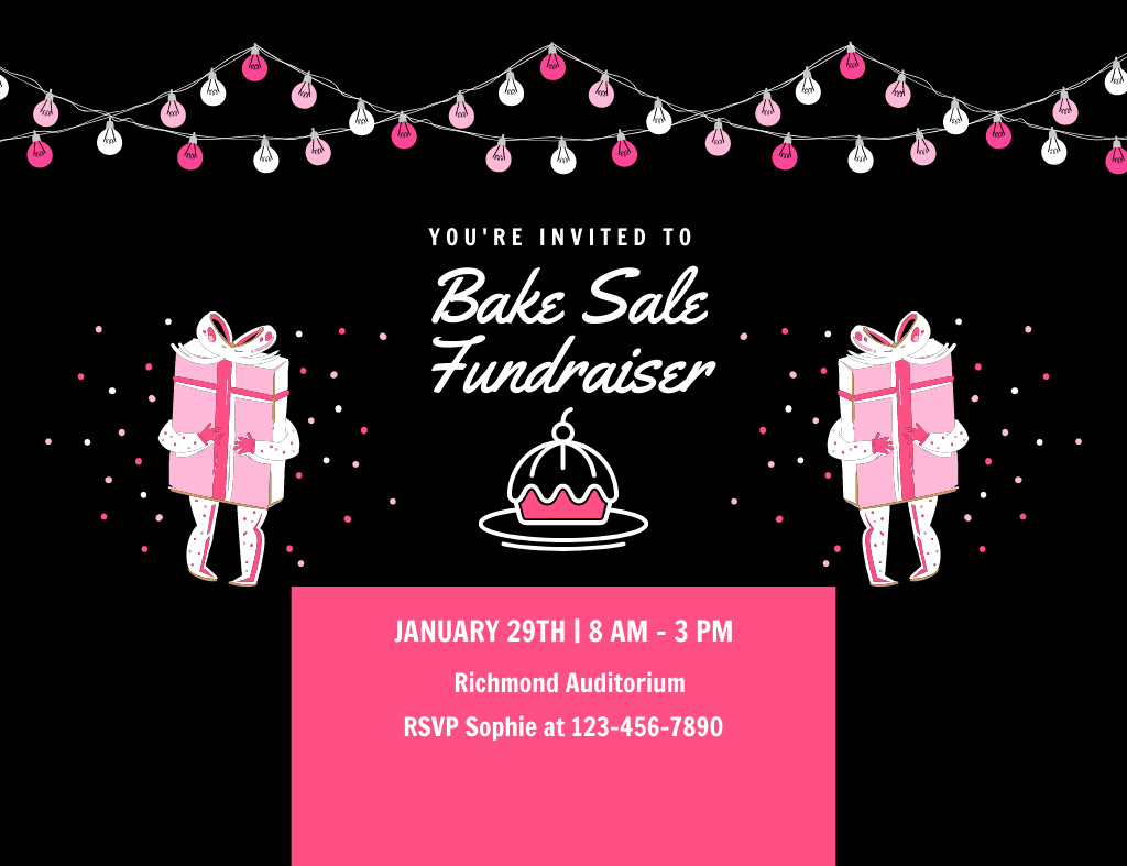 Plantilla de diseño de Bake Sale Fundraiser With Cupcake And Gifts Invitation 13.9x10.7cm Horizontal 