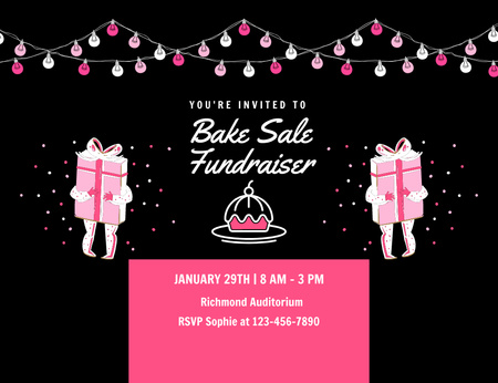 Designvorlage Bake Sale Fundraiser mit Cupcake und Geschenken für Invitation 13.9x10.7cm Horizontal