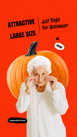 Vegetable Store Offer with Funny Grandma and Huge Pumpkin Instagram Story Design Template