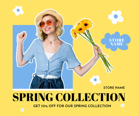 Template di design Spring Collection Sale with Young Woman with Yellow Flowers Facebook
