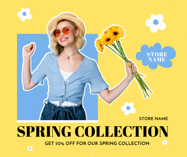 Designvorlage Spring Collection Sale with Young Woman with Yellow Flowers für Facebook