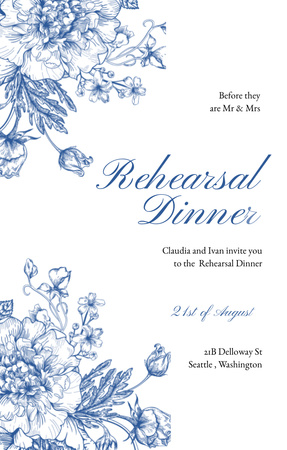 Rehearsal Dinner Announcement with Blue Flowers Invitation 4.6x7.2in Design Template
