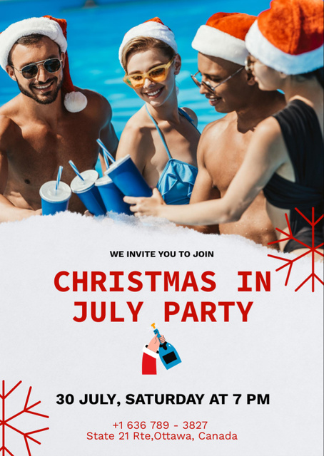Heartfelt Christmas Party in July with Bunch of Young People in Pool Flyer A6 Πρότυπο σχεδίασης