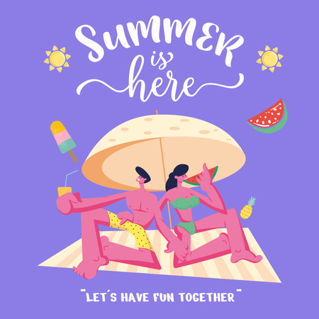 Onnellinen pari rentoutumassa rannalla aurinkovarjon alla Instagram Design Template