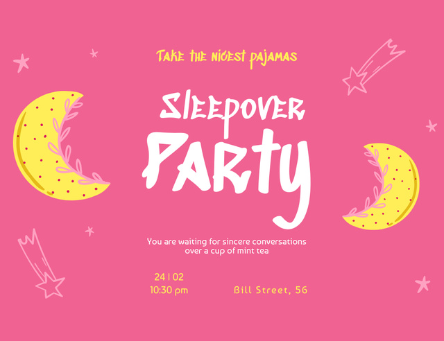 Sleepover Party Illustrated with Moon and Stars on Pink Invitation 13.9x10.7cm Horizontal Design Template