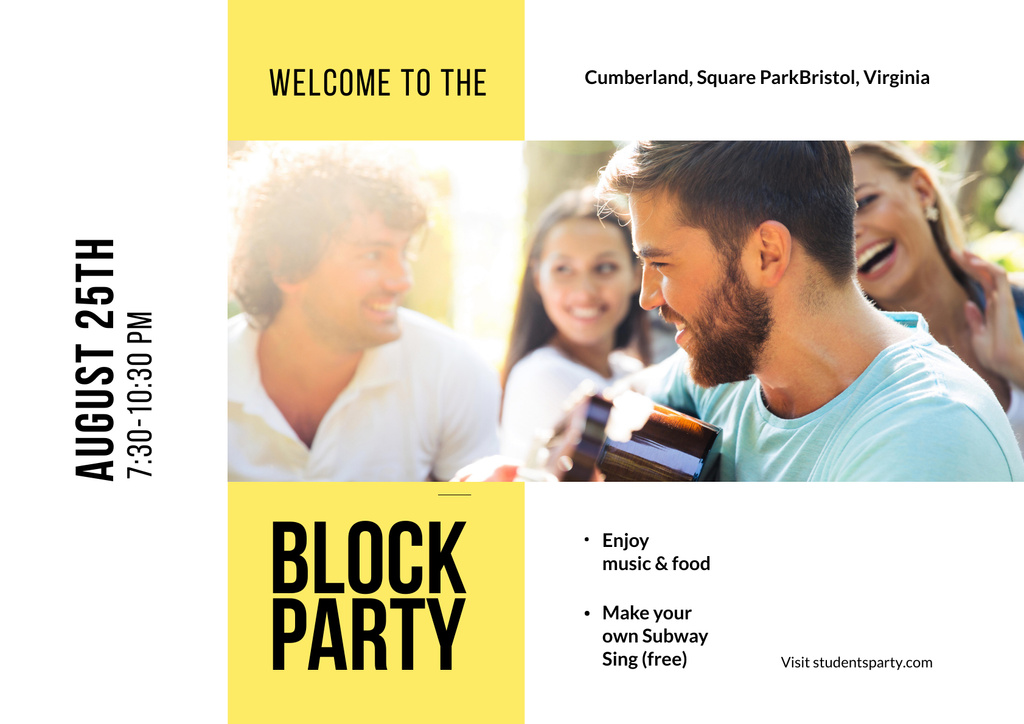 Block Party Announcement with Young People Having Fun Poster A2 Horizontal Design Template