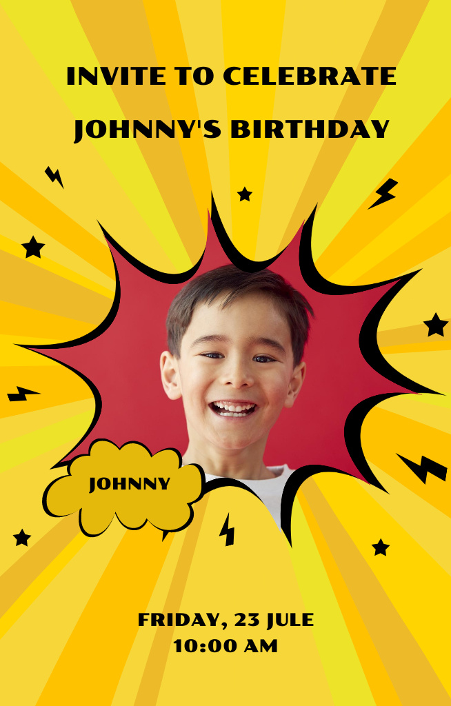 Birthday Party Announcement with Smiling Kid Invitation 4.6x7.2in Design Template