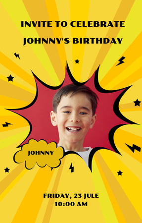 Birthday Party Announcement With Smiling Kid Invitation 4.6x7.2in Tasarım Şablonu