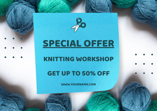Ontwerpsjabloon van Card van Knitting Workshop With Discount And Yarn