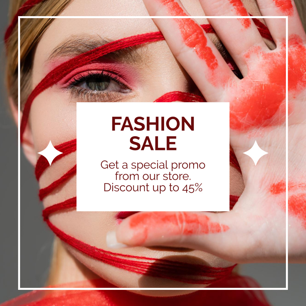 Fashion Sale Promotion with Woman in Bright Makeup Instagram Design Template