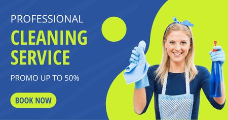 Ontwerpsjabloon van Facebook AD van Cleaning Service offer with Girl in Blue Gloves