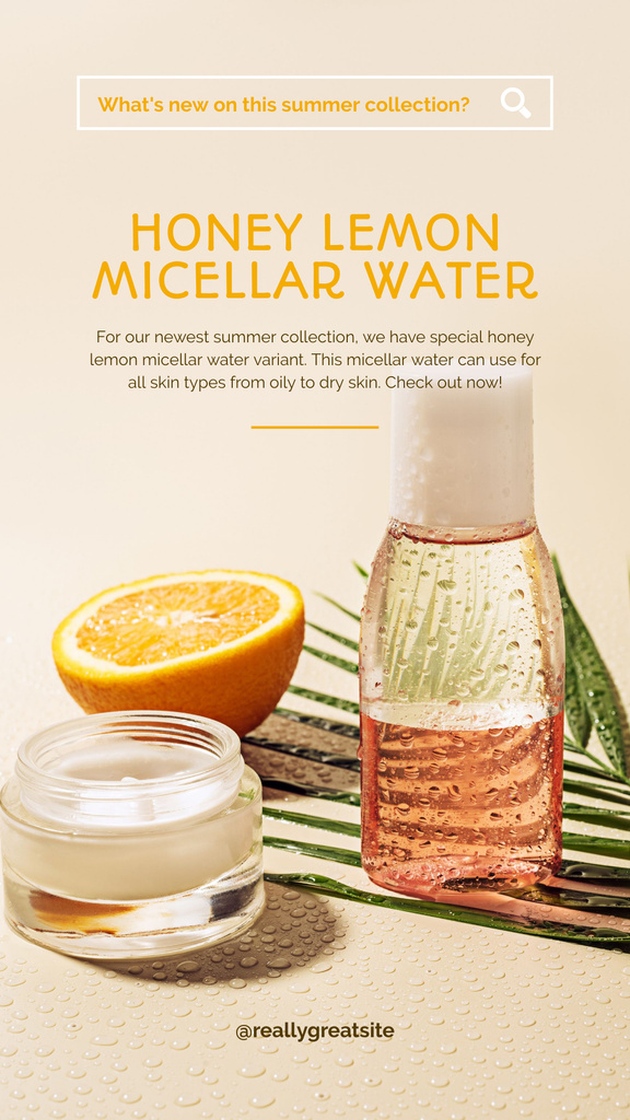 Honey Lemon Micellar Water Bottle Sale Ad Instagram Story tervezősablon