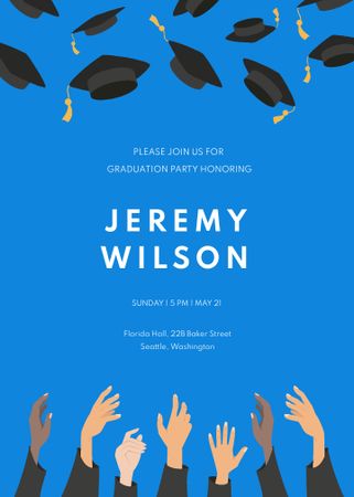 Graduation Party Announcement with Students throwing Hats Invitation Πρότυπο σχεδίασης
