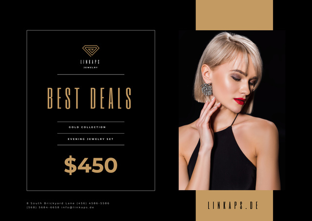 Jewelry Sale with Woman in Golden Accessories on Black Poster A2 Horizontal Design Template