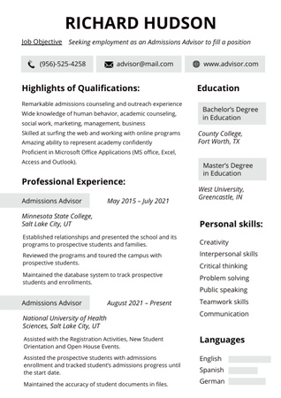 Admissions Advisor Skills and Experience Resume tervezősablon