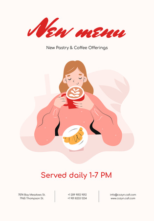 Woman enjoying Coffee and Croissant in Cafe Poster 28x40inデザインテンプレート