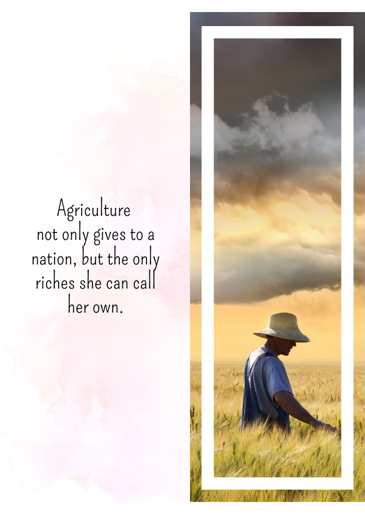 Farmer Working In Field And Quote About Agriculture Postcard A6 Vertical – шаблон для дизайну