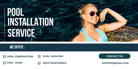 Designvorlage Swimmingpool-Installationsdienste mit schöner blonder Frau im Badeanzug für Image