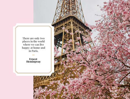 Ontwerpsjabloon van Postcard 4.2x5.5in van Reisinspiratie voor Parijs met de Eiffeltoren in het roze