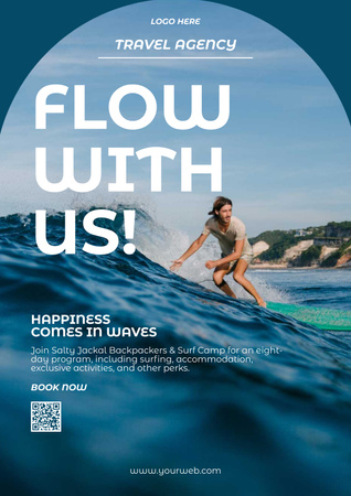 Surfing Tour Ad on Blue Seascape Poster Design Template