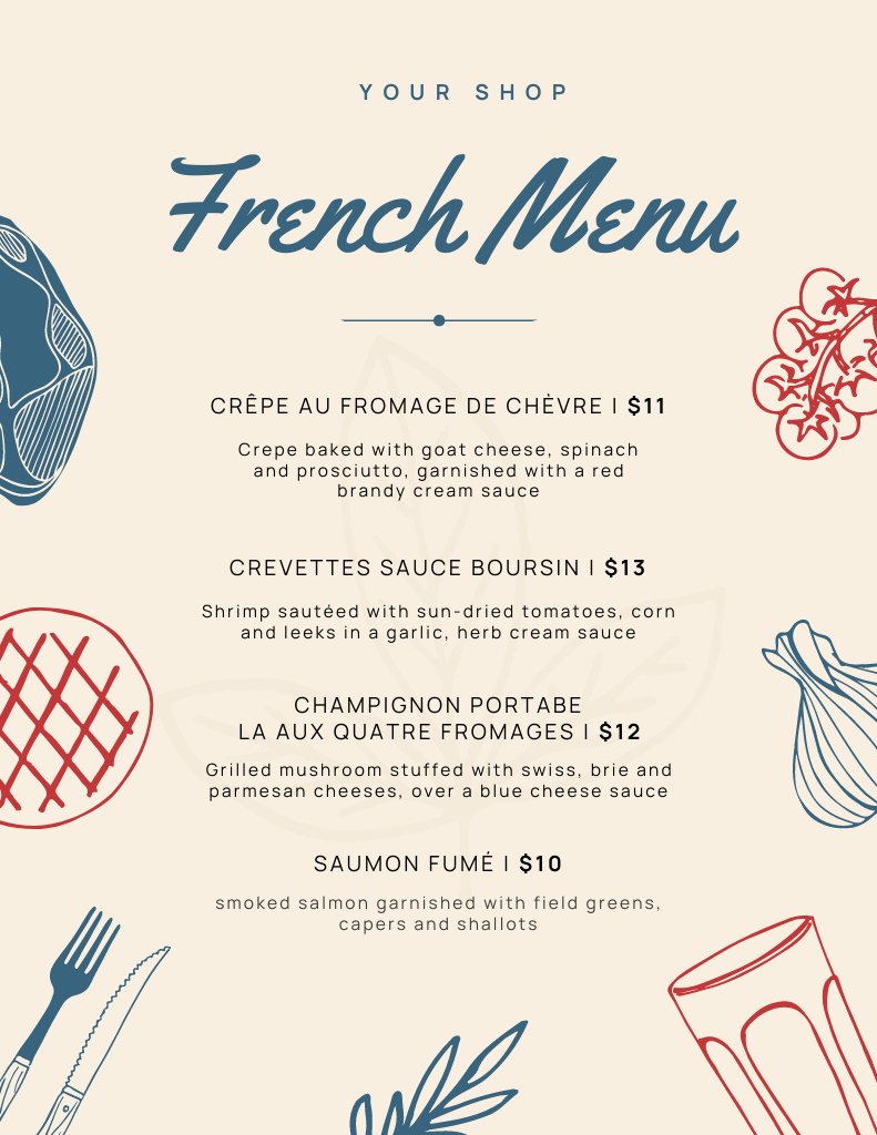 Offer French Tasty Meals Menu 8.5x11in Tasarım Şablonu