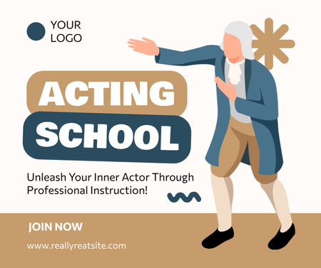 Обучение в школе актерского мастерства с актером в старинной одежде Facebook – шаблон для дизайна
