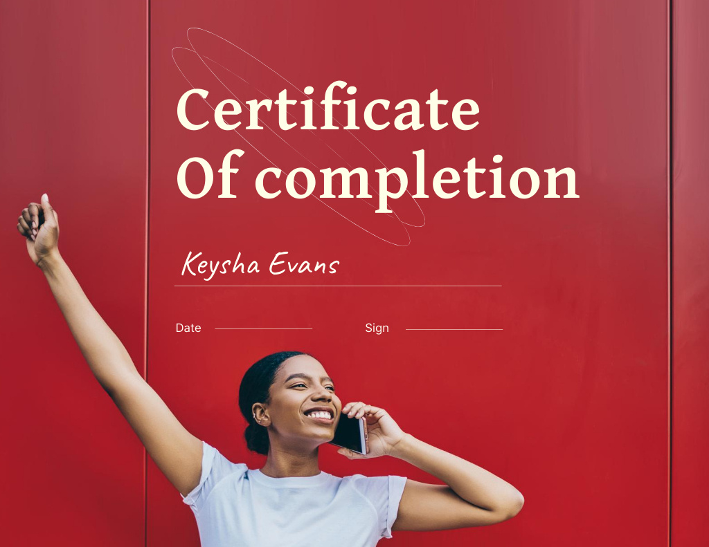 Course Completion Award with Happy Smiling Woman Certificate tervezősablon