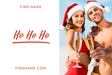 Young Couple in Santa Claus Hats Showing Glasses of Champagne Postcard 4x6in Design Template