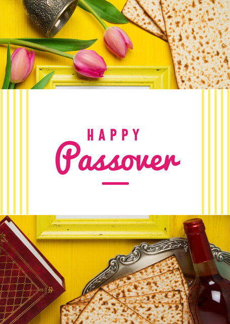 Happy Passover Holiday With Bread And Tulips Postcard A6 Vertical Design Template