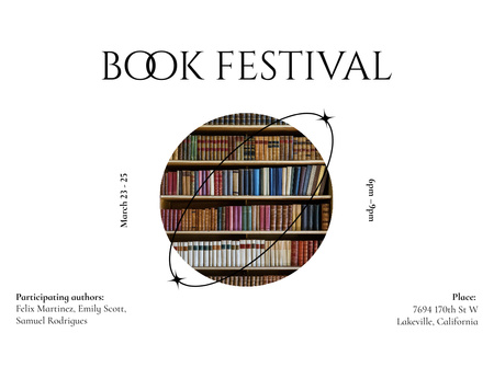 Plantilla de diseño de Anuncio de la feria internacional del libro con librería Invitation 13.9x10.7cm Horizontal 
