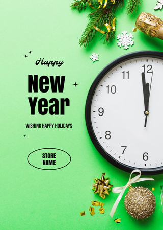 New Year Holiday Greeting with Clock and Champagne Postcard A6 Vertical Design Template