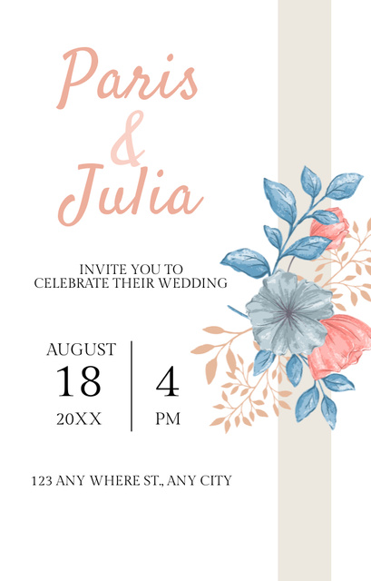 Elegant Wedding Announcement with Flowers Illustration Invitation 4.6x7.2in Modelo de Design