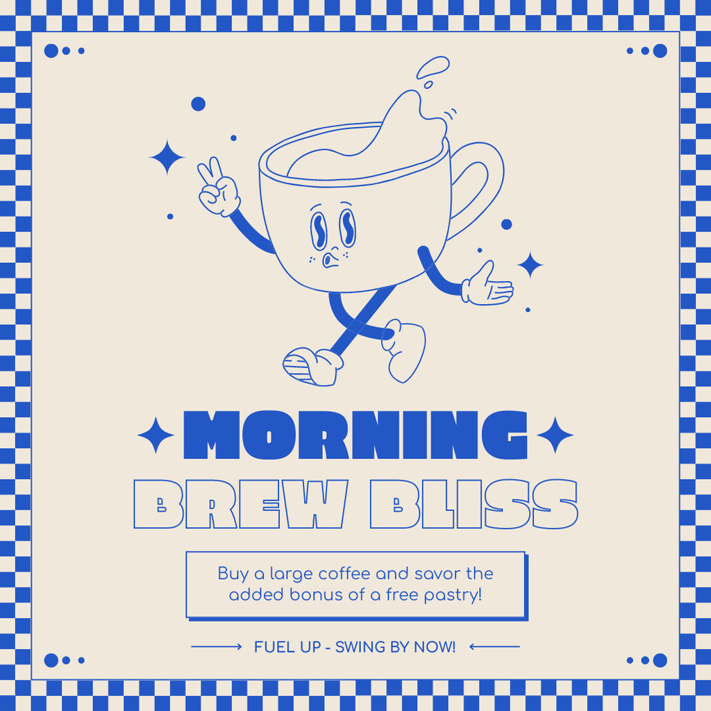 Designvorlage Morning Coffee Offer With Free Pastry And Funny Character für Instagram