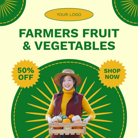 Plantilla de diseño de Descuento en frutas y verduras de granja con linda mujer asiática Instagram 