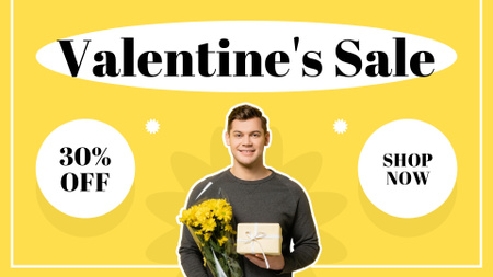 Oznámení o prodeji s mužem s kyticí žlutých květů FB event cover Šablona návrhu